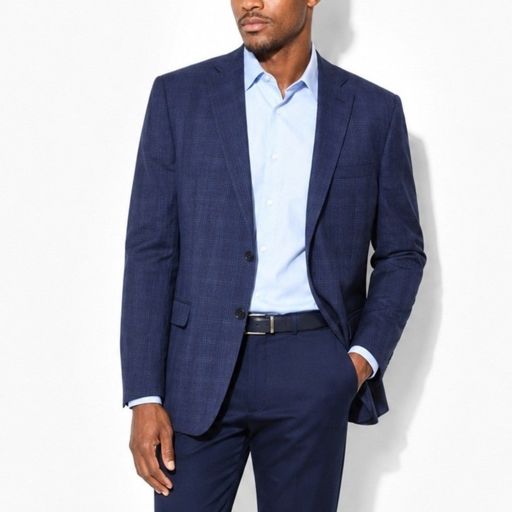 Calvin Klein Blue Windowpane Wool Blazer Mens 44L Two Button Double Vent Plaid